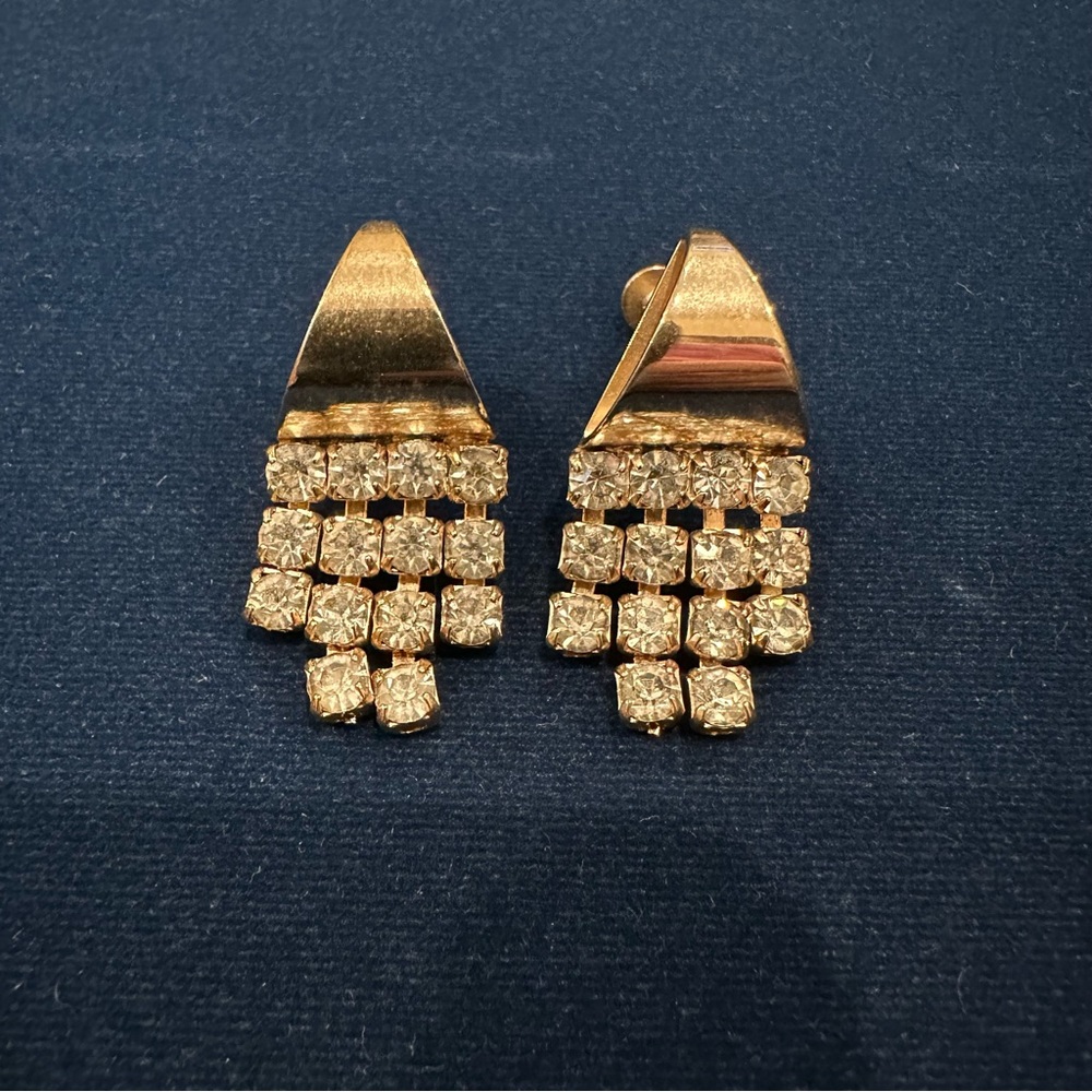 Vintage gold tone rhinestone waterfall screw back clip on earrings